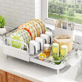 SAYZH Expandable Dish Drying Rack for Small Kitchen Counter, White | Stainless Steel, Protective Guardrail, Angled Drainboard, Fits High-Rim Sinks, Removable Utensil Holder