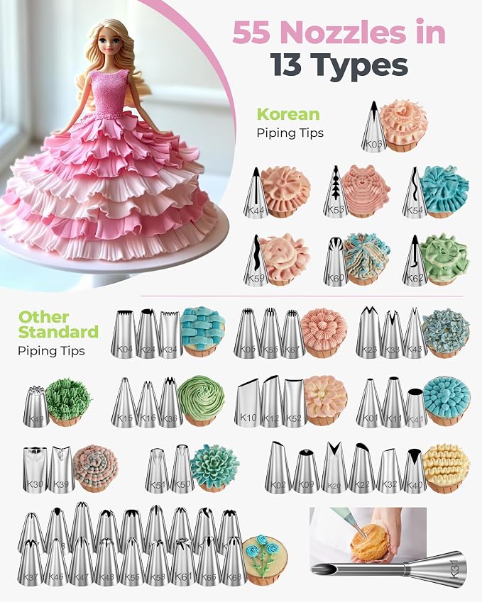 Kootek 90 Piping Bags and Tips Set Frosting Piping Kit for Beginners & Pros | Storage Case, Baking Supplies Kit, 55 Numbered Icing Tips, 20+2 Piping Bags, Pattern Chart, for Cupcake Cookie Cake Decoratin