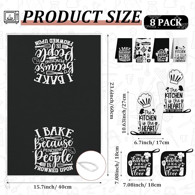 8 Pcs Farmhouse Kitchen Decor Accessories Set 4 Black White Kitchen Dish Towels 2 Oven Mitts 2 Pot Holders Kitchens Towels Pot Holders Oven Mitt Decor for Cooking Baking Housewarming