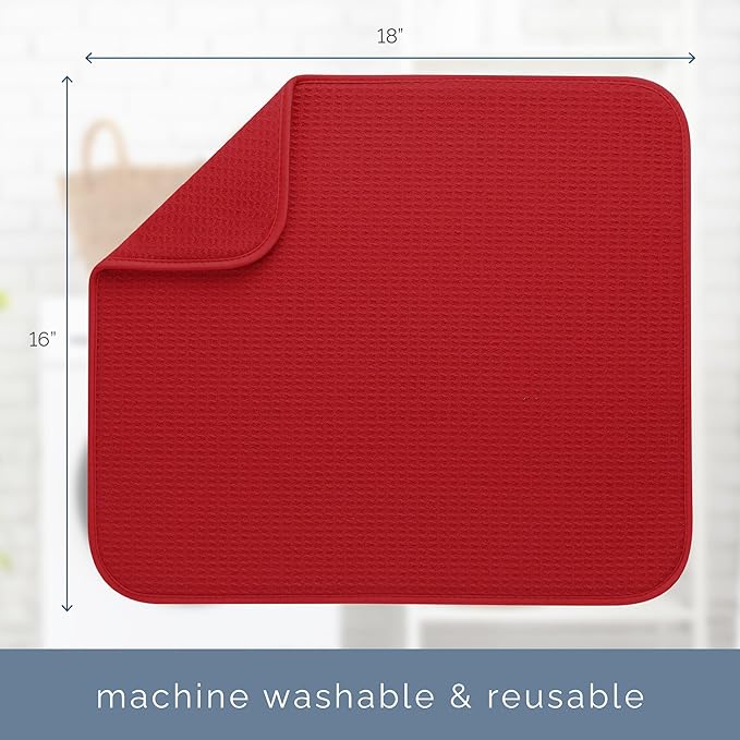 S&T INC. Dish Drying Mat, 16" x 18", Large, Red | Absorbent Microfiber, Kitchen Counter Mat for Dishes, Utensils, Pots and Pans, Machine Washable