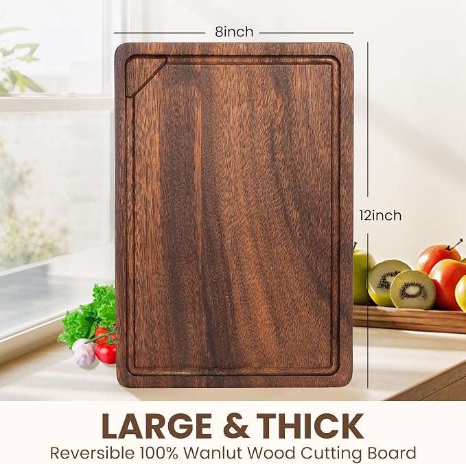 Fun Memories Black Walnut Cutting Board for Kitchen, Reversible Large Butcher Block Board, Large Wood Cutting Board Carving Board with Juice Groove & Concealed Handlers, 12"x8" (Gift Box)