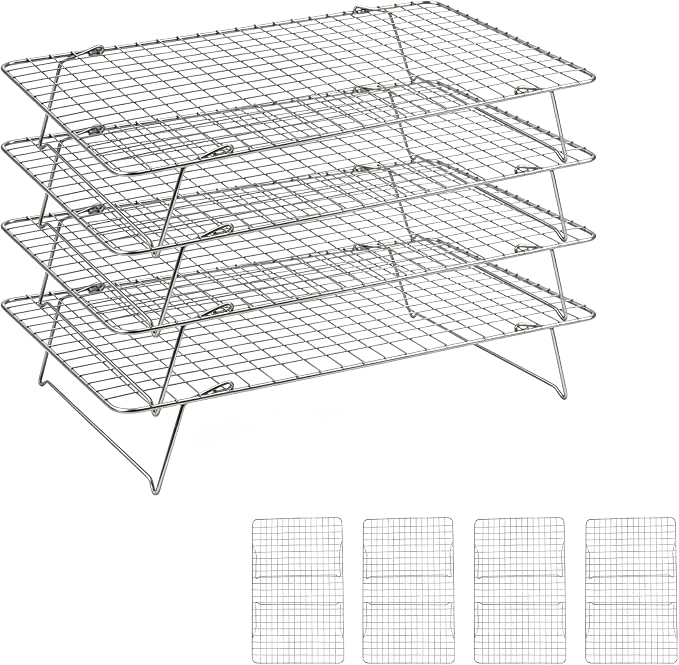Cooling Rack 16"x10", 4-Tier Stackable & Collapsible Cooling Racks | Cooling Racks for Cooking and Baking, Roasting, Grilling, Oven & Dishwasher Safe (Silver, 4-Tier)