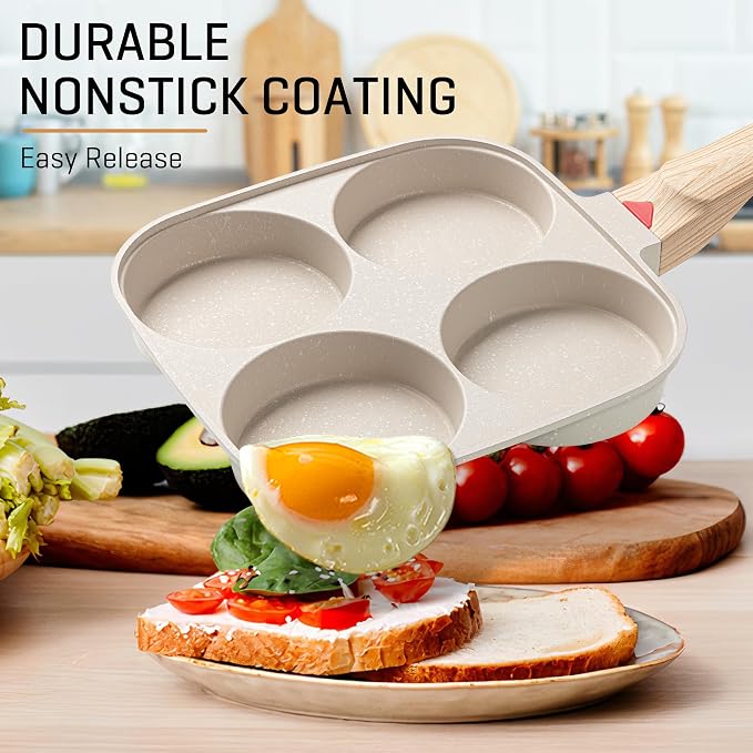 MyLifeUNIT Egg Frying Pan, 4-Cup Egg Pan Nonstick, Fried Egg Pan Skillet for Breakfast, Pancake, Hamburger, Sandwiches, Suitable for Gas Stove & Induction Cookware(White)