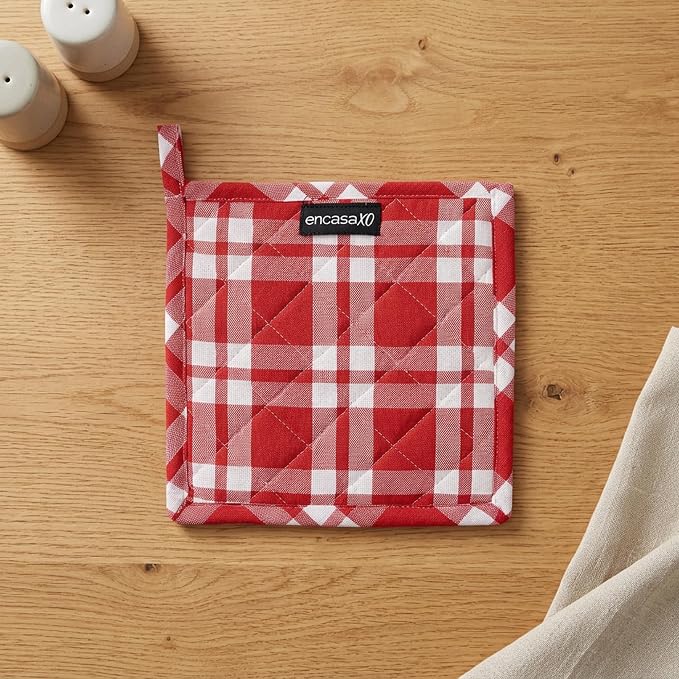 Encasa XO Pot Holders, Quilted Kitchen Hot Pads 8"x8" | Franca Red Checks, 100% Cotton Fabric | Thick Cotton Padding | Heat Resistant | Durable & Washable | Hanging Loop | Set of 2
