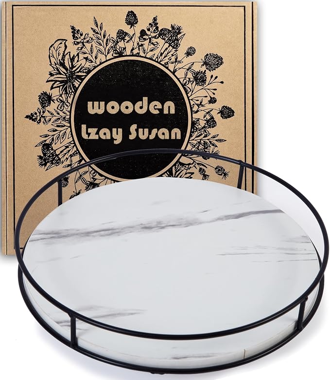 12 Inch White Wood Lazy Susan,360° Decorative Turntable for Countertop