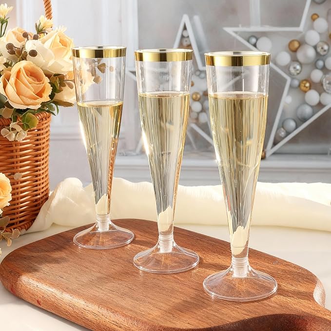 Bestluck 100 Pack 4.5 oz Champagne Flutes Plastic with Gold Rim | Disposable Champagne Flutes, Clear Plastic Disposable Stemware for Party, Mimosa Bar, Wedding, Anniversary and Graduation