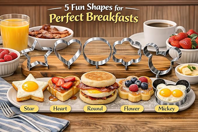 Pancake & Egg Mold Set – 5 Stainless Steel Shapes for Kids Breakfast Non‑Stick Egg Rings for Frying Eggs, Omelets & Mini Pancakes Heart, Star, Flower, Circle & Mouse Heat‑Safe, Dishwasher Safe