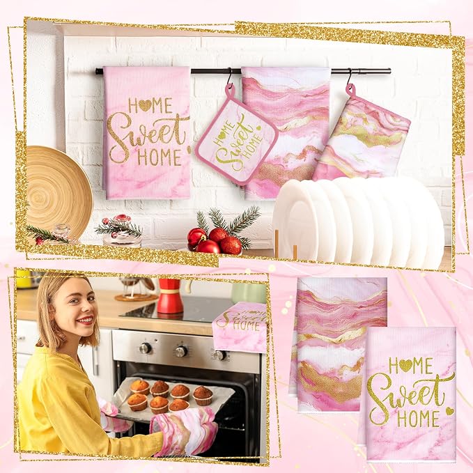 Bencailor 6 Pcs Pink Kitchen Decor Marble Kitchen Towels Set Pot Holders and Oven Mitts Pink Marble Linens Set for Baking Cooking Grilling Cleaning Supply Accessories