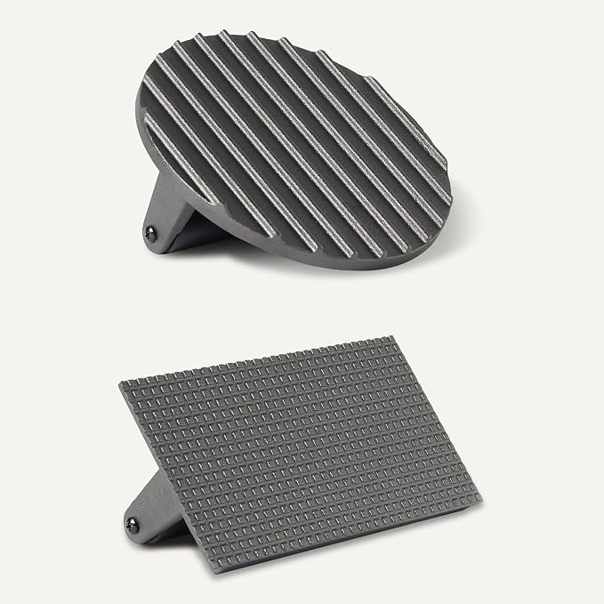 Amazon Basics Smash Burger Press, Cast Iron Bacon Press with Wooden Handle, Grooved Bottom for Grill Marks, 6.8-Inch Round & 8.1-Inch Rectangle, Black, 2-Pack