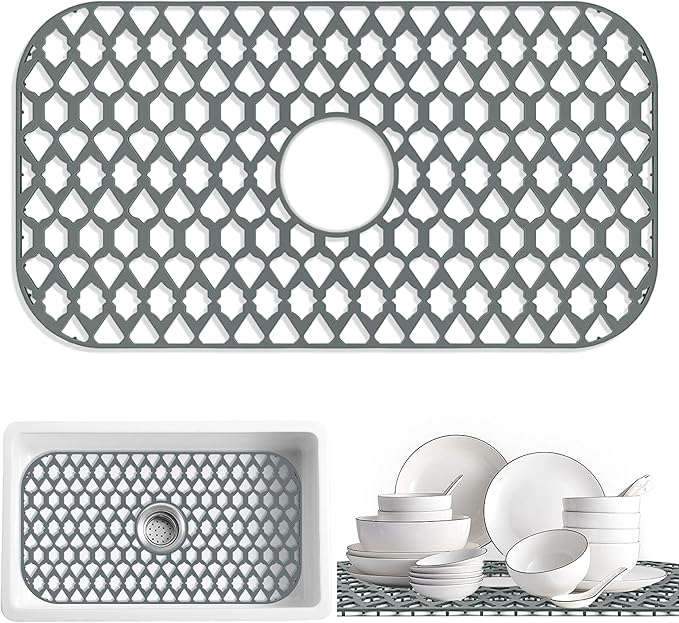 Silicone Kitchen Sink Protectors Mats - 12" 13" 14" 16" 18" 19" 21" 22" 24" 25" 26" 28" 30", Heat Resistant, Machine-wash (26”x14”, Center Drain)
