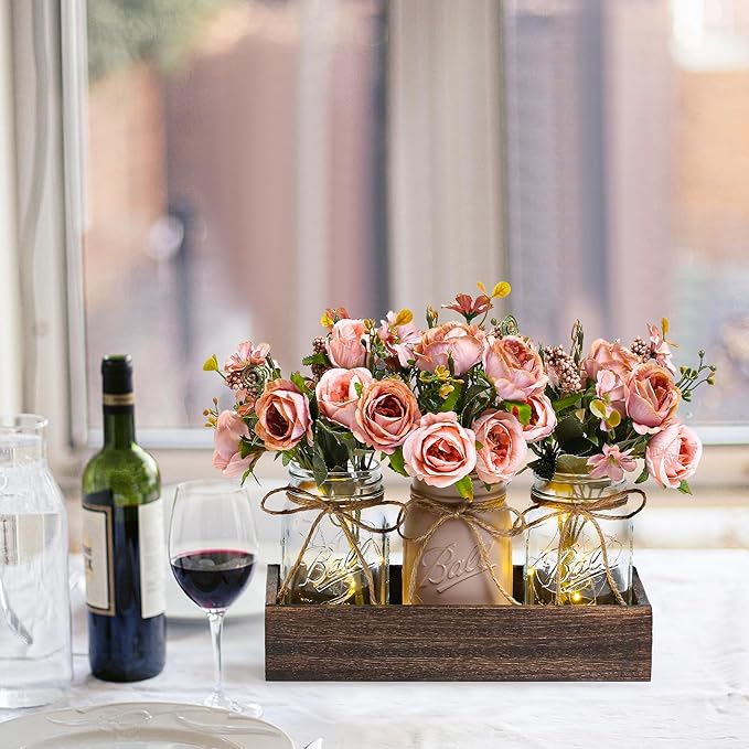 3 Pcs Mason Jar Centerpiece Table Decorations for Dining Table Decor Farmhouse Coffee Table Decor with Wood Tray and Led Light Table Centerpieces for Dining Room Kitchen Living Bathroom,Pink | Rustic Farmhouse Decor for Home Décor Accents Kitchen Count...