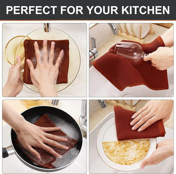 Kitinjoy 100% Cotton Waffle 6-Pack Kitchen Towels, 12" x 12", Rust | Ultra Absorbent, Super Soft, lightweight, Quick Drying Dish Rags for Washing Dishes