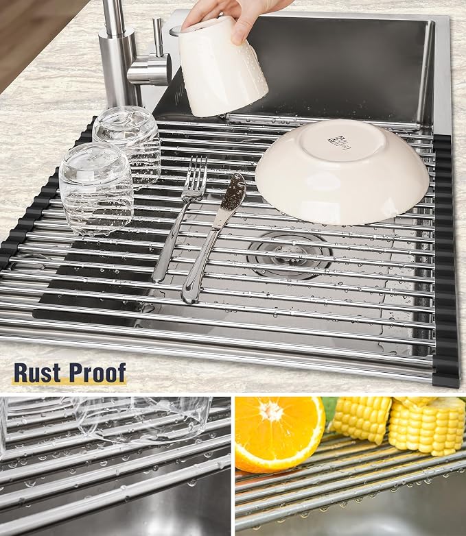 Tomorotec Roll Up Dish Drying Rack Over Sink, 304 Steel, 21x15.5, Black | Anti-Slip Silicone Rims For Grip, Heat-Resistant Trivet Mat Holding Heavy Cookware, Rustproof Kitchen Counter Space Saver