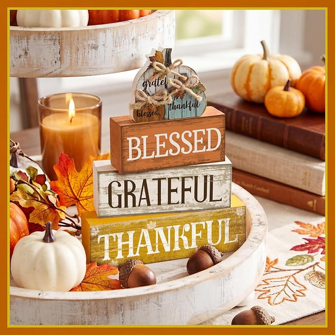 Lineshading 4 Pcs Stacked Pumpkin Block Signs, Fall Thanksgiving Decor | Rustic Wooden Signs with Grateful Blessed Thankful Words, Farmhouse Tabletop Centerpiece for Autumn Tiered Tray Decorations