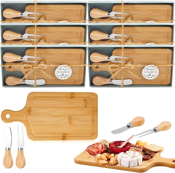 6 Sets Bridal Shower Favor Prizes Charcuterie Board,Bamboo Color | Bamboo Cheese Board with Knife Fork Thank You Tag, Gift Box for Guests, Valentines Wedding Baby Shower Party Favors