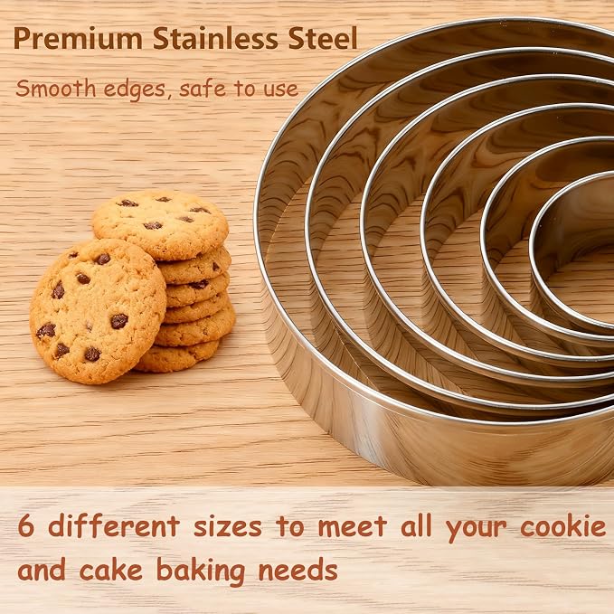 6 PCS Round Cookie Cutters (1.5,2,2.5,3,3.5,4 Inch), Stainless Steel Cookie Cutter, Kitchen Baking Utensils,Suitable for Making Cookies, Cakes, pizza and More.