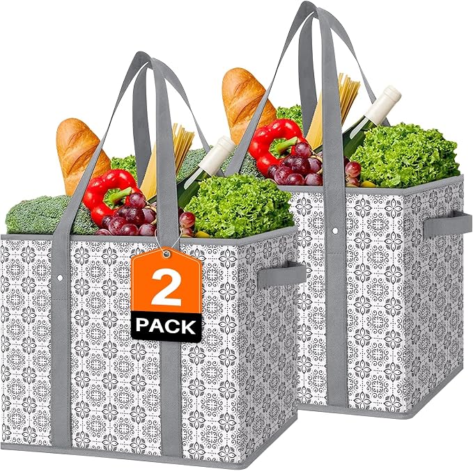 Reusable Grocery Bags 2 Pack, Foldable & Water Resistant Shopping Bags | Large Grocery Tote Bag Water Resistant Shopping Bags Foldable Grocery Bag for Clothes,Shoes and Picnic
