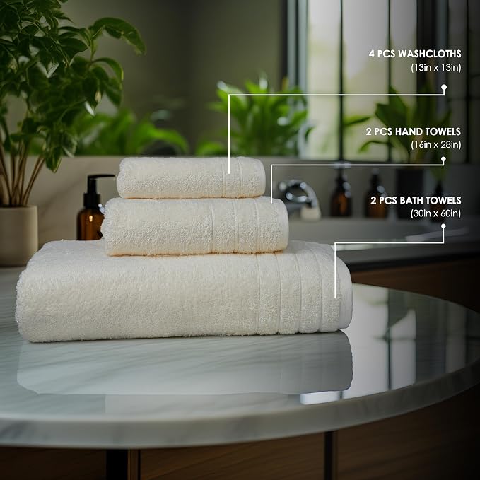 8 Piece Towel Set, 2 XL Bath, 2 Hand, 4 Washcloth, Cream | 100% Cotton, Lighter Weight, Quicker to Dry, Super Absorbent, Perfect for Bathroom