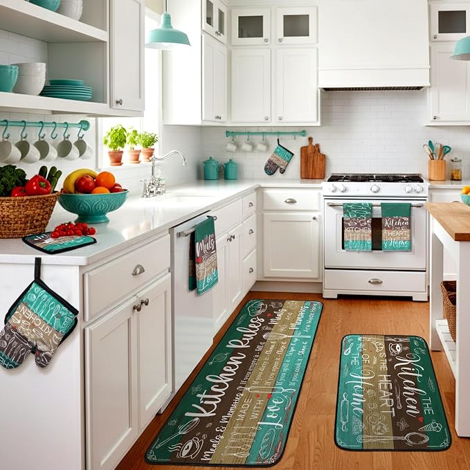 Fourluoo 10 Pcs Teal and Brown Kitchen Decor Set Farmhouse Oven Mitts and Pot Holders Sets Turquoise Dish Towels Kitchen Rugs and Mats for Home Decorations Baking Cooking Birthday Summer Gifts