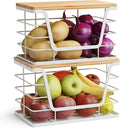 ALOCEO 2 Pack Potato and Onion Storage Bins, Large Trash Bag Holder Under Sink with Bamboo Top, Stainless Steel Pantry Organizers Storage, Kitchen Counter, White