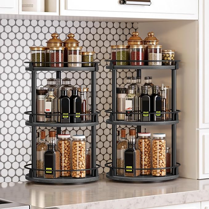 Spice Rack, Set of 2 Lazy Susan Organizer, 3 Tier Turntable Organizer For Cabinet, Compact and Versatile, for Kitchen Countertop, Black SR23L2BB