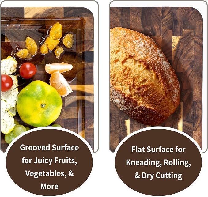 Utoplike Large Acacia Cutting Board 22 x 16 in, End Grain Chopping Boards | Wooden Butcher Block with Handle, Single-side Juice Groove for Turkey, Meat, Vegetables, 1.38"Th