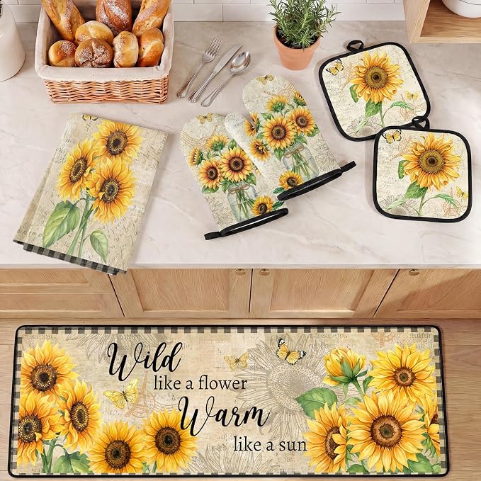 10 Pcs Kitchen Decor and Accessories Set, Sunflower Fall | Farmhouse Rustic 4 Dish Towels Kitchen Rugs 2 Oven Mitts 2 Pot Holders, Home Decor for Cooking Baking BBQ Housewarming