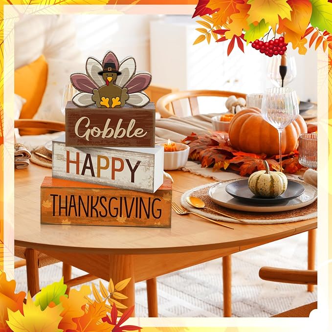 Lineshading 4 Pcs Wooden Thanksgiving Signs Tiered Tray Decor Turkey | Rustic Farmhouse Tabletop Decoration, Stacked Signs Design With Gobble Text, Fall Harvest Home Accents For Mantel Shelf