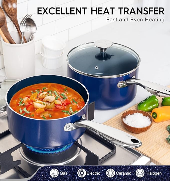 MICHELANGELO 2 Quart Saucepan with Lid, Nonstick Ceramic Sauce Pan with Stainless Steel Handle, 2 Qt Saucepan with Lid Induction Compatible, Oven Safe, Blue