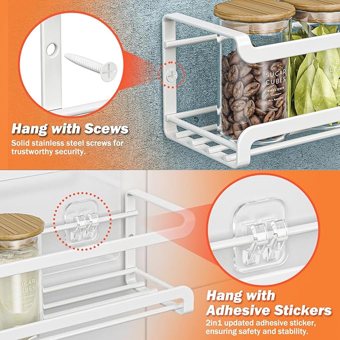 Bunoxea Spice Rack Wall Mounted 4 Pack, White,11.41x2.75x2.75in | 4 Removalble Hooks,Screw or Adhesive Hanging,Space-Saving,For Kitchen Cabinet, Pantry Door,Stove,RV
