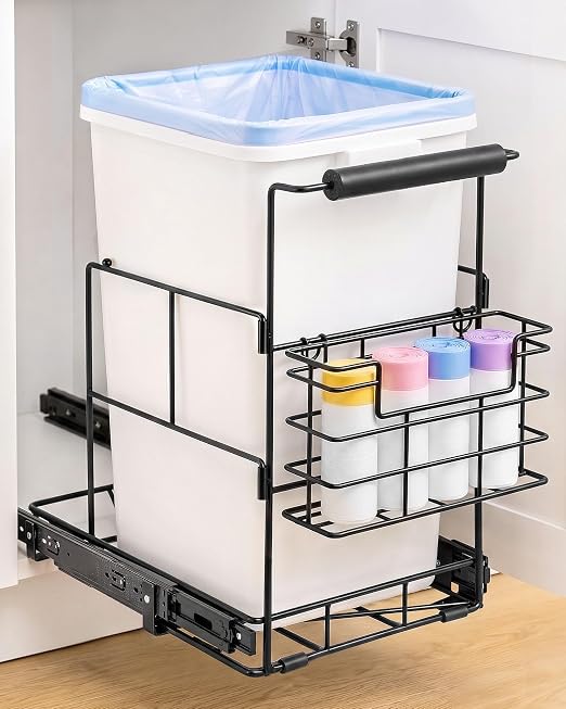 Bulado Pull Out Trash Can Under Cabinet with Removable Trash Bag Holder | Space Saving Under Sink Trash Can, Fits 30–40 Qt Bins, Supports 125 lbs, Easy Install, Soft-Close Slide, Bin Not Included
