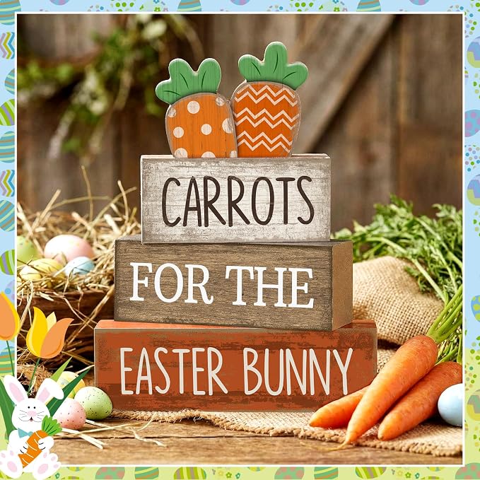 Lineshading 4 Pcs Wooden Tiered Tray Decor, Farmhouse Carrots Block Signs | Rustic Wooden Signs with Carrot Cutouts, Easter Spring Tabletop Decorations, Stackable for Farmhouse Home Displays