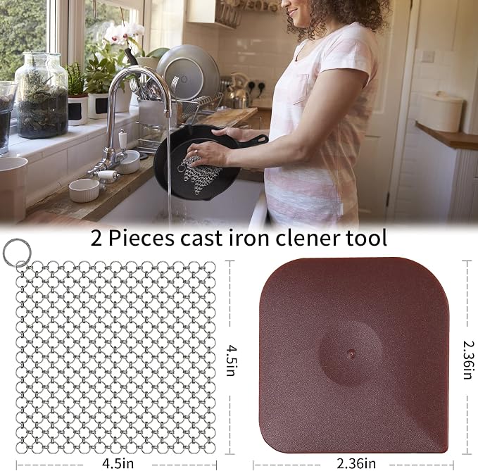 4.5" Cast Iron Scrubber+Pan Scraper, Cast Iron Pan Pot Skillet Cleaner | 316 Chain Mail Scrubber Cast Iron Cleaner Scrubber Kit, Skillet Carbon Steel Pan Wok Dutch Oven Cleaning,316 Chain Scrubber