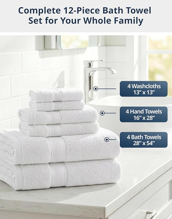LANE LINEN Towel Set for Bathroom 12 Piece Soft Absorbent Quick Dry - White | Towels And Washcloths Sets - Oversized & Roomy, Lightweight & Breathable, Fade-Resistant Color, Classic Terry Weave