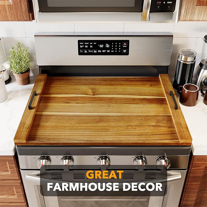 SpaceAid Noodle Board Stove Kitchen Cover with Handles, Top Covers for Gas Burners and Electric Stove, Oven Decor Accessories Wood Tray for Countertop, Natural Acacia