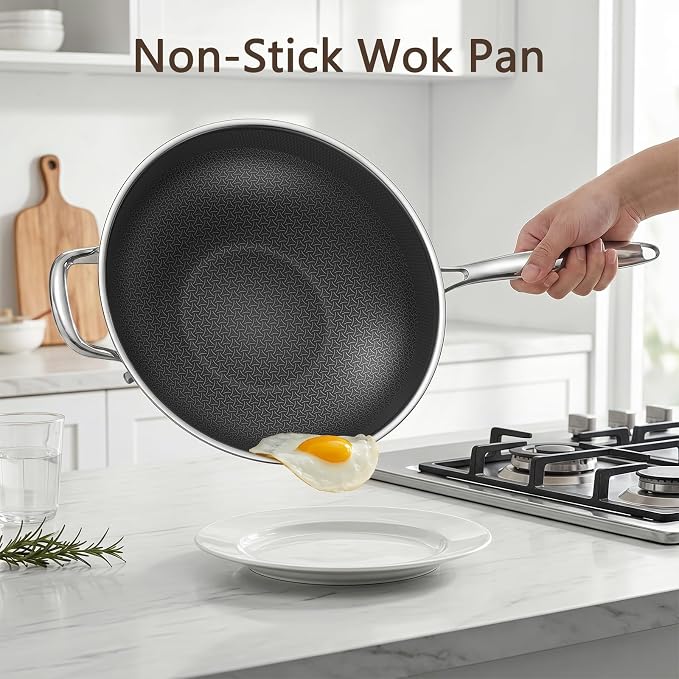 12.5-Inch Hybrid Stainless Steel Wok Pan with Lid, Laser-Textured Nonstick Stir Fry Pan, PFOA-Free, Induction Compatible, Oven & Dishwasher Safe for All Cooktops