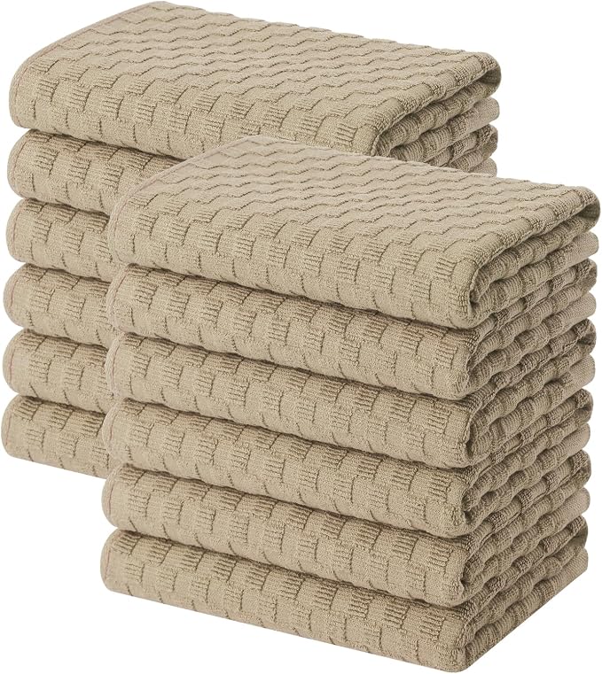 Homaxy 100% Cotton Terry Kitchen Towels(15" x 25", 12 Pack), Tan | Soft and Super Absorbent Dish Towels, 380 GSM Reusable Tea Towel with Hanging Loop, Pineapple Grid Designed