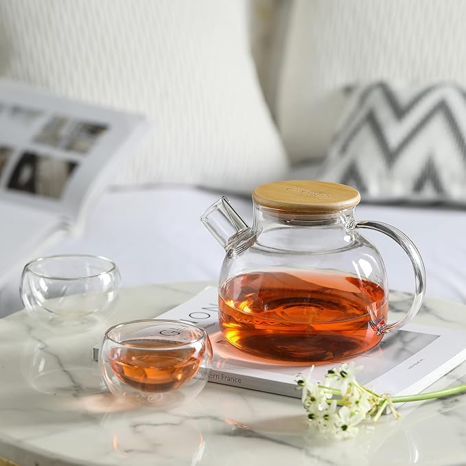 CnGlass Glass Teapot Stovetop Safe,30.4oz Clear Tea pot with Removable Filter Spout,Loose Leaf and Blooming Tea Maker
