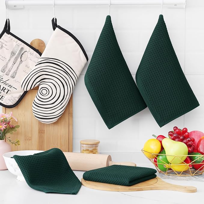 Homaxy 100% Cotton Waffle Weave Kitchen Dish Cloths 12-Pack, Blackish Green | 12 x 12 Inches, Ultra Soft Absorbent Dish Towels, Quick Drying Dish Rags with Hanging Loop