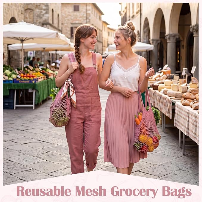 Woanger 24 Pcs Pink Long Handle Reusable Cotton Mesh Produce Shopping Bags Washable Grocery Net Portable Fruit and Vegetable Cotton String Bags Net Tote Organizer