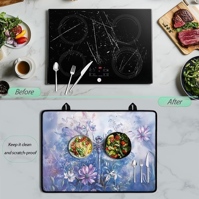 Dragonfly Daisy Print Stove Top Covers Waterproof Electric Stove Cover Mat 29.18 x 20.97 inch Glass Cooktop Protector Large Coffee Machine Mat for Flat RV Range