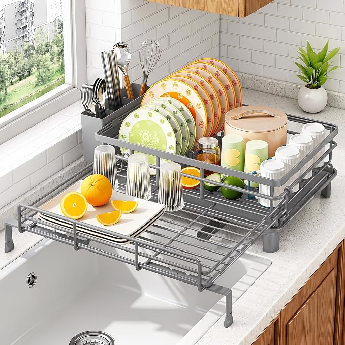 SAYZH Expandable Dish Drying Rack for Kitchen Counter, Metal, Grey | Foldable Over Sink, Large Capacity, Rust-Resistant, Adjustable for Most Sinks, Automatic Drainage, Removable Utensil Holder