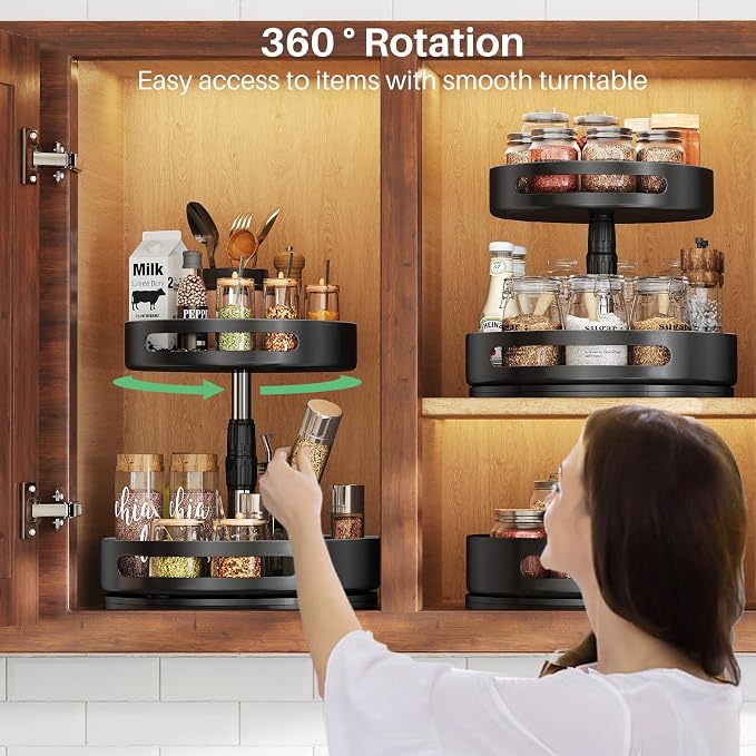Lazy Susan Spice Rack Organizer for Cabinet, 2-Tier Metal, 10 in | Height Adjustable, 360-Degree Rotation, Spice Turntable for Table Top, Kitchen Pantry