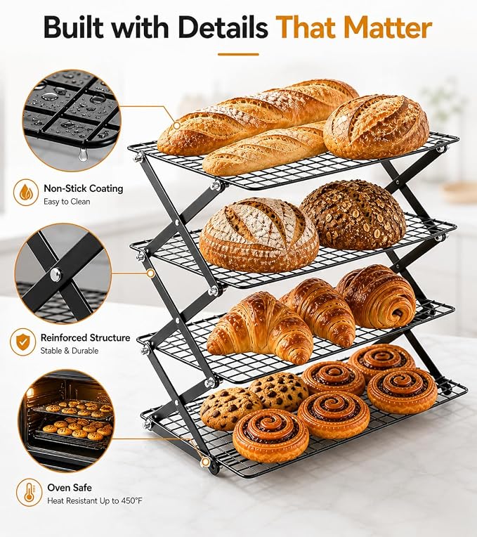 Cooling Racks For Cooking And Baking, 2/3/4-Tier Collapsible Cookie Cooling Rack With Adjustable 3 Setting Design Stackable Roasting Cooking Drying Wire Cooling Rack For Cookies Bread Baking