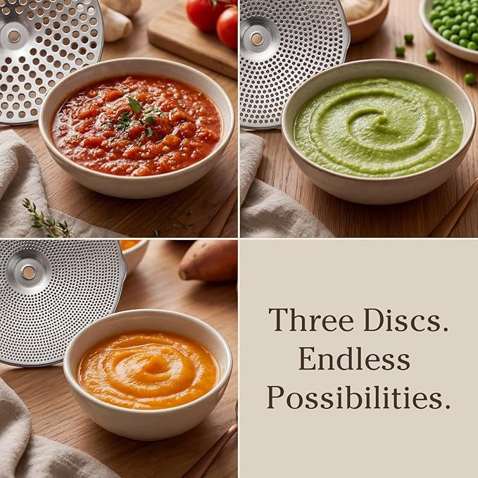 Hungry Artisan Stainless Steel Food Mill for Tomato Sauce & Canning | 3 interchangeable discs, ergonomic rotary hand crank; for applesauce, baby food, mashed potatoes & purees