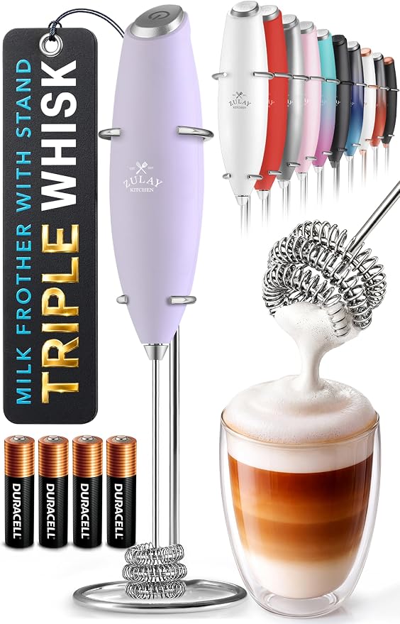 Zulay Kitchen Powerful Milk Frother Wand With Duracell Batteries - Ultra Fast Handheld Drink Mixer - Electric Whisk Foam Maker for Coffee, Lattes, Cappuccino & Matcha - Triple Whisk - Orchid Lilac