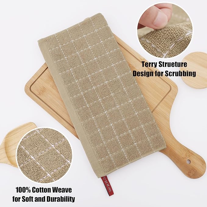 Homaxy 100% Cotton Terry Kitchen Dish Cloths, 6 Pack, Tan | Ultra Soft and Absorbent, Suitable for Drying and Washing Dishes
