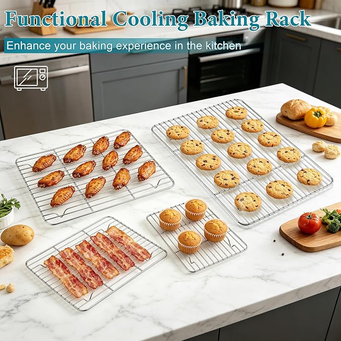 TeamFar Cooling Rack, Silver Stainless Steel Baking Rack for Oven | 15.3/ 11.6/ 9.8/ 8.7 Inch Wire Roasting Rack for Baking Pans, Cookie Cupcake for Christmas Holiday, Dishwasher Safe - 4PCS