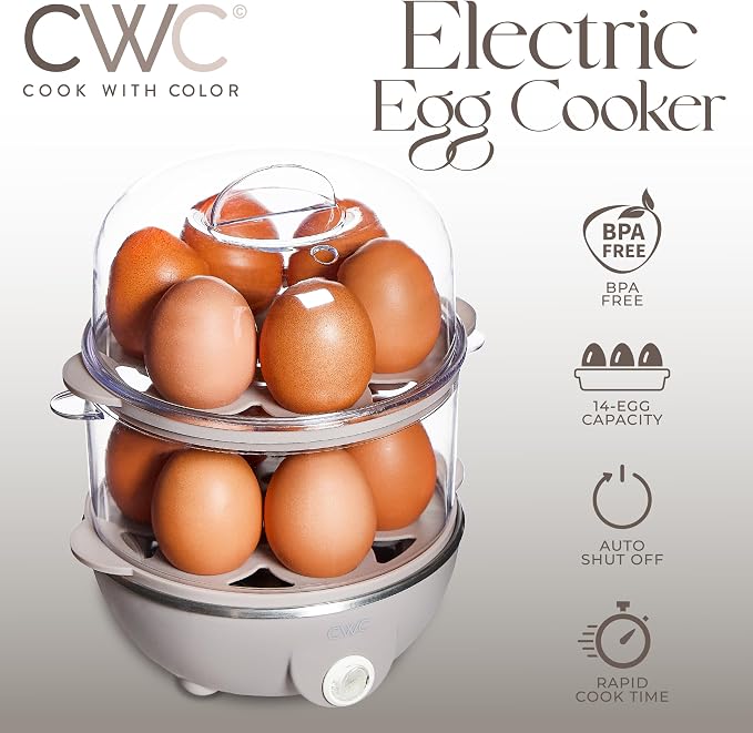 COOK WITH COLOR 350W Electric Double Layer Egg Cooker - Egg Boiler for Hard Boiled, Soft Boiled, and Omelettes, 6.1x6.1x8.7, Greige