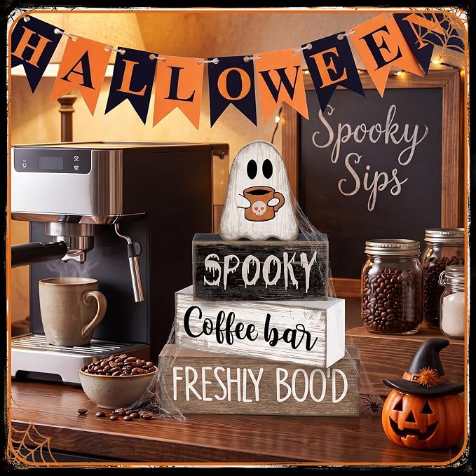 Lineshading 4 Pcs Halloween Coffee Bar Decor Wooden Ghost Block Signs | Farmhouse Tiered Tray Decorations, Rustic Tabletop Home Decor, Spooky Ghost Theme, Stacked Wood Blocks for Kitchen